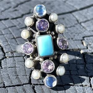 Nicky Butler Sterling Multi Gem Ring Turquoise Amethyst Pearl Moonstone 7.5 Box